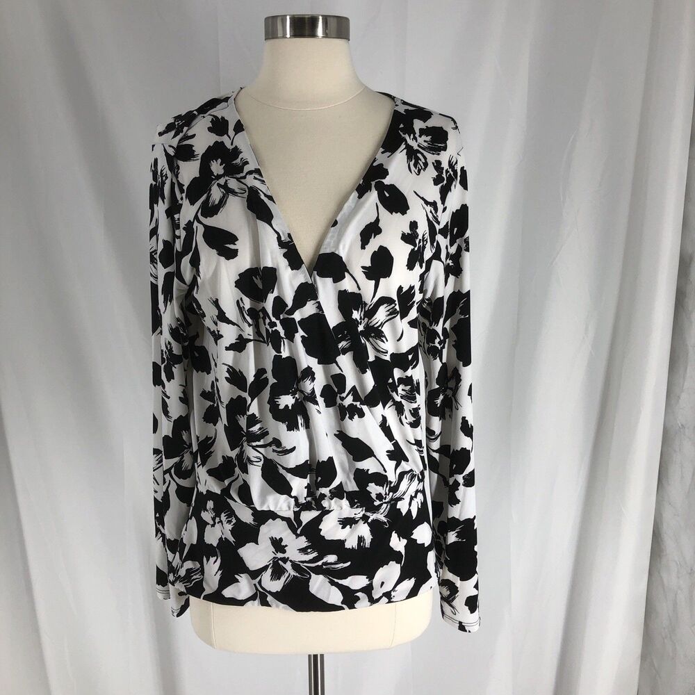 White House Black Market Floral Faux Wrap Top M Blouse Long Sleeve
